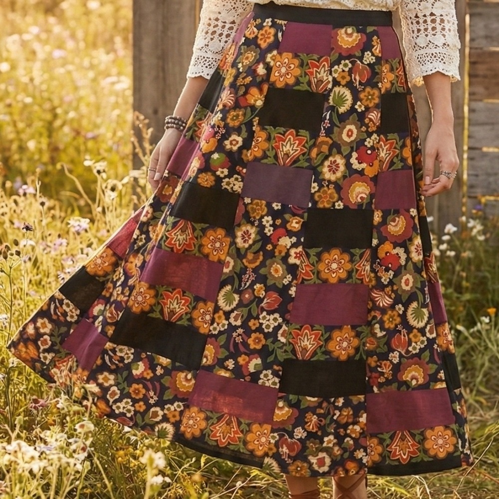 Vintage 70s‎ Velvet Patchwork Wrap Maxi Skirt Bohemian Hippie Florals Festival